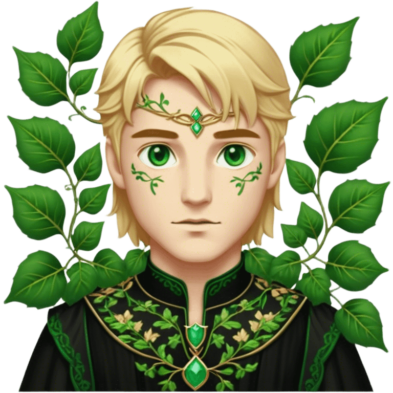 A golden-haired High Fae male with striking emerald-green eyes, his features sharp and aristocratic. He wears a deep black tunic embroidered with green ivy-like patterns, symbolizing his connection to nature. Though his broad frame and strong jawline exude power, there is a weight behind his eyes—something restrained, something broken. emoji