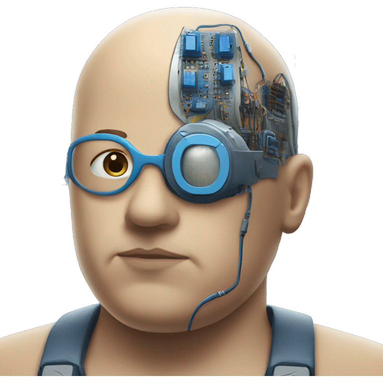 Fat bald cyborg head with tan skin, blue beard, blue goggles and circuits emoji