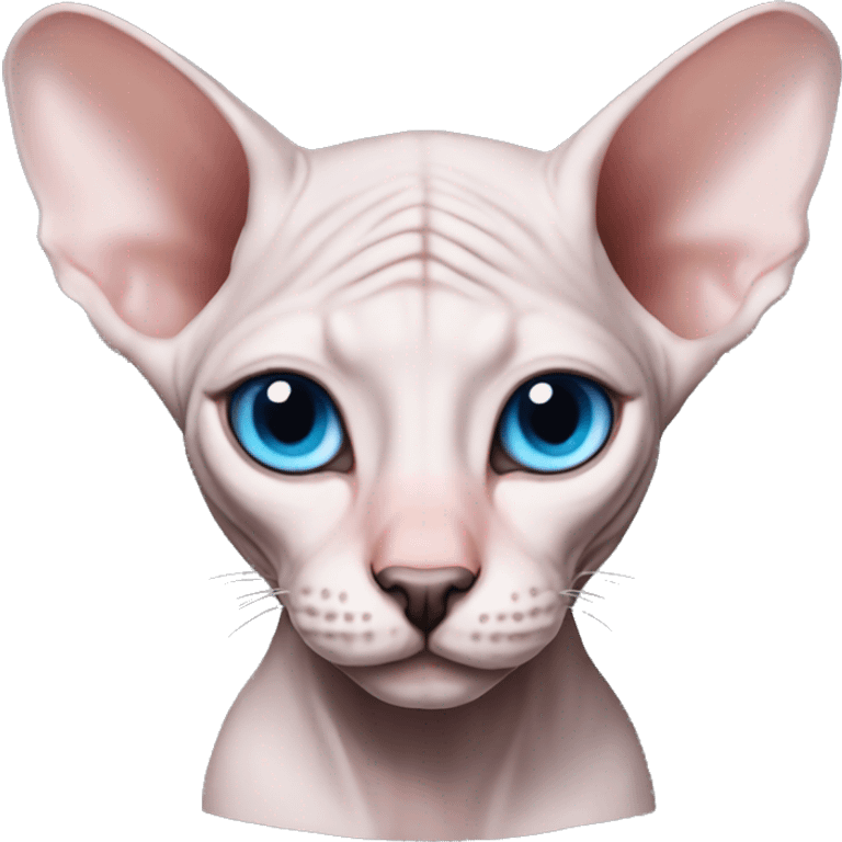 Pink grey canadian sphynx cat with elf ears blue eyes and black nose  emoji