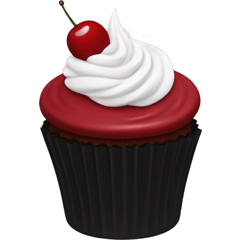 Dark red cherry cupcake with white frosting on top with black cupcake case  emoji