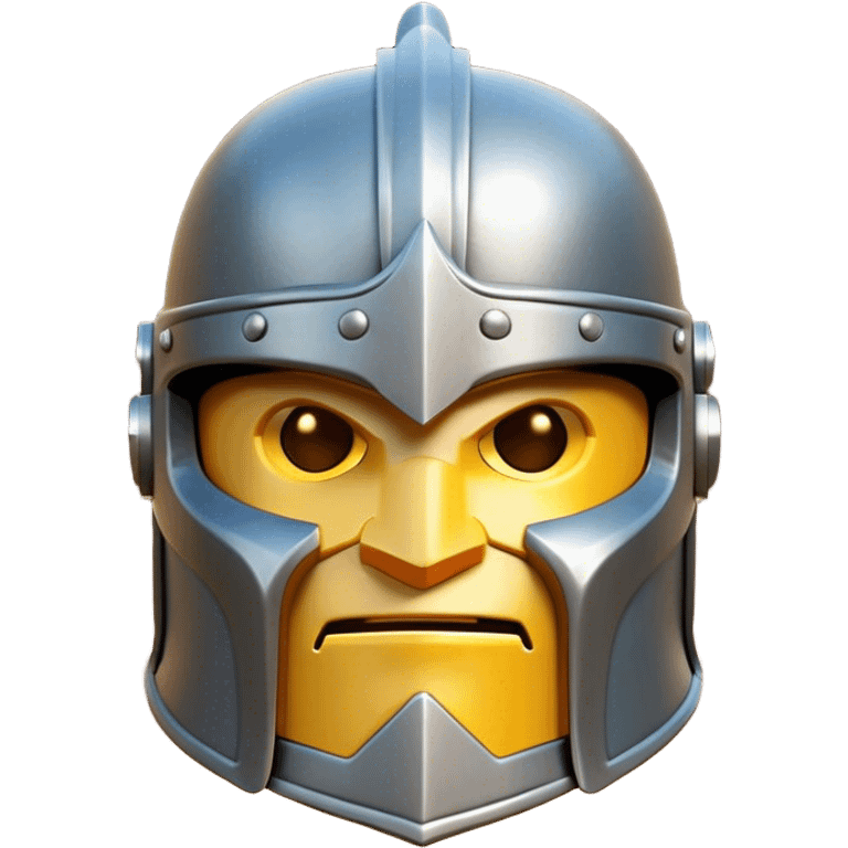 Clash of Clans aesthetic: Cinematic heroic Steel full face Helm Emoji, rendered in a 3D vector-style similar to standard emojis with minimal shading and bold, simplified shapes. A compact, isometric helmet crafted of shining steel with intricate engravings and a protective visor, softly glowing with a noble warrior charm. Simplified yet unmistakably iconic, highly detailed and consistent, glowing with a soft radiant gleam and high polish. Stylized with a touch of chivalric tradition and a soft glowing outline, capturing the essence of a stalwart battle helm with a friendly, playful manner! emoji