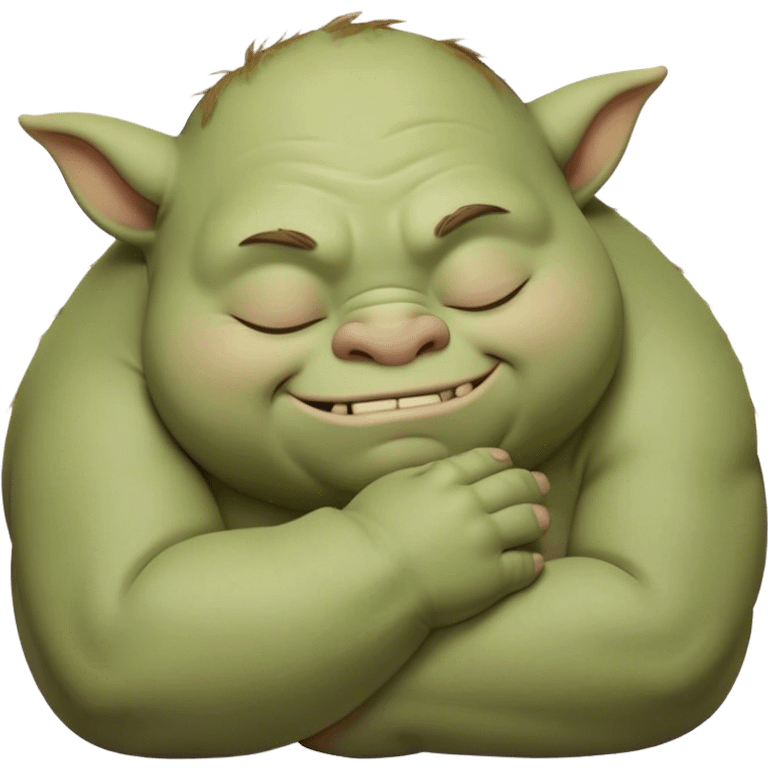 Meme-Worthy Cute Sleeping Ogre Portrait Emoji, with a surprisingly endearing, plump figure in soft earthy greens and browns, head drooping gently with closed, relaxed eyes and a content, sleepy grin, simplified yet adorably detailed, glowing with a soft warm outline that captures the peaceful slumber of a friendly ogre after a day of gentle mischief! emoji