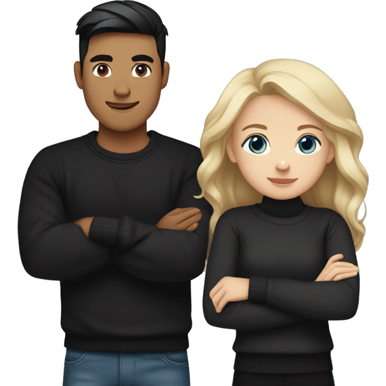 dark Blonde girl with blue eyes in black sweater and an east asian with light skin man with black hair and black eyes hugging emoji