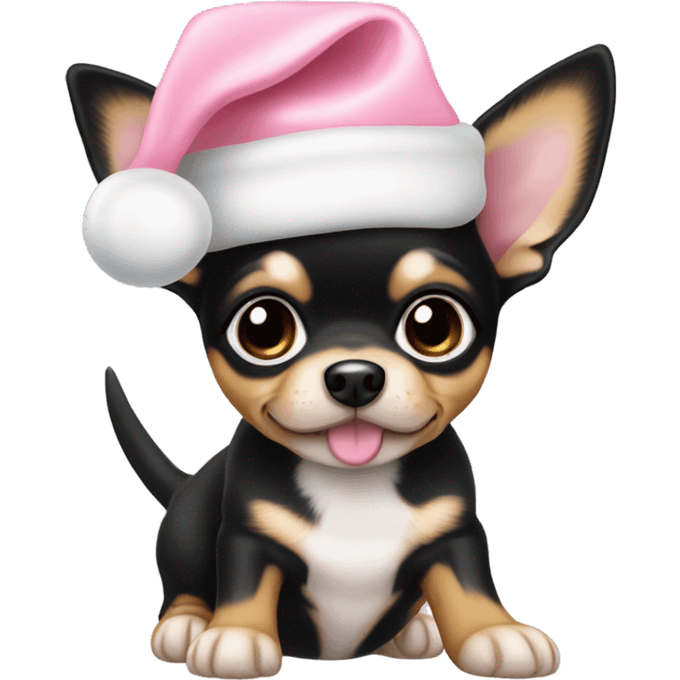 black & tan Chihuahua puppy full body light blue eyes pink christmas hat on emoji