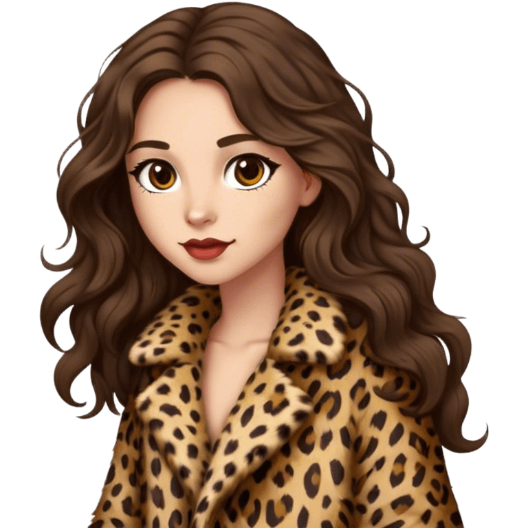 Brunette girl with long wavy hair in leopard fur coat  emoji