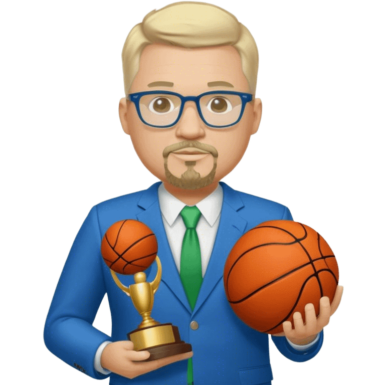 Full Body white fat male  wearing glasses with a goatee with light blonde gray very short hair basketball head Coach in blue and green suit holding trophy emoji