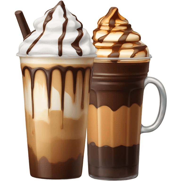 caramel coffee next to a chocolate iced coffee  emoji