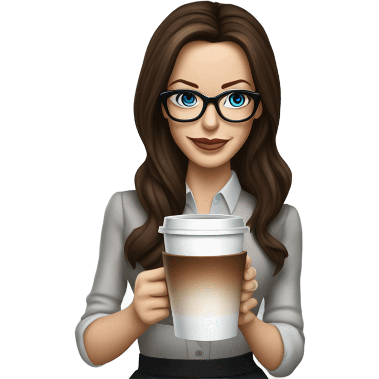 Hyper Realistic Kate Beckinsale blue eyes wearing glasses in a business dress drinking coffee happy  emoji