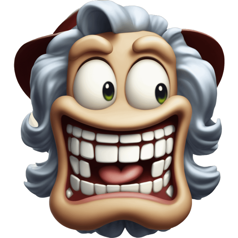 Laughing insane game character in Uncle Scrooge style, oil paint, mysterious eyes, intricate lips, masterpiece pose, odd perspective, beautiful, desirable, logical emoji