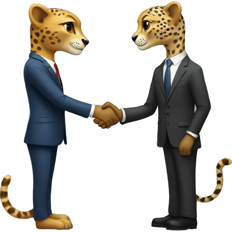 A cheetah in a classic suit shakes hands with a man  emoji