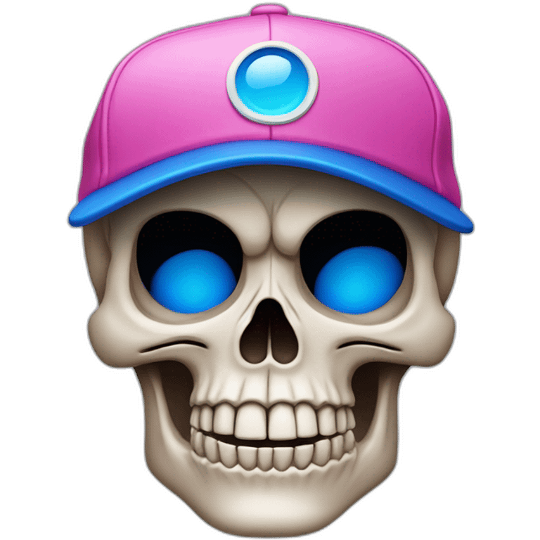 a skull looking off centre by 45 degrees. Wearing a pink baseball cap with a blue “B” motif emoji