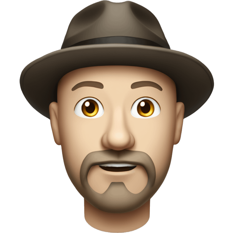 Photorealistim A plump bald man of Slavic appearance with a goatee beard and mustache, wearing a fedora hat, big details emoji