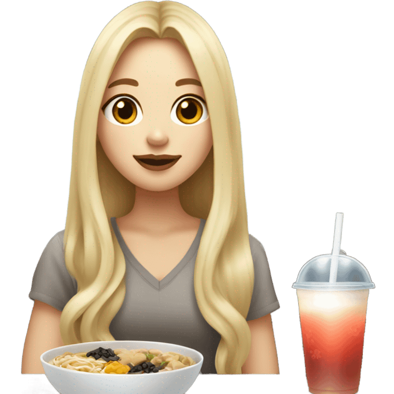  Blonde long hair girl eating Korean food and drinking boba emoji