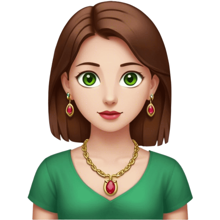 Clean Girl with straight brown hair, green eyes, small ruby earrings, gold small horse shoe necklace, ruby colored shirt emoji