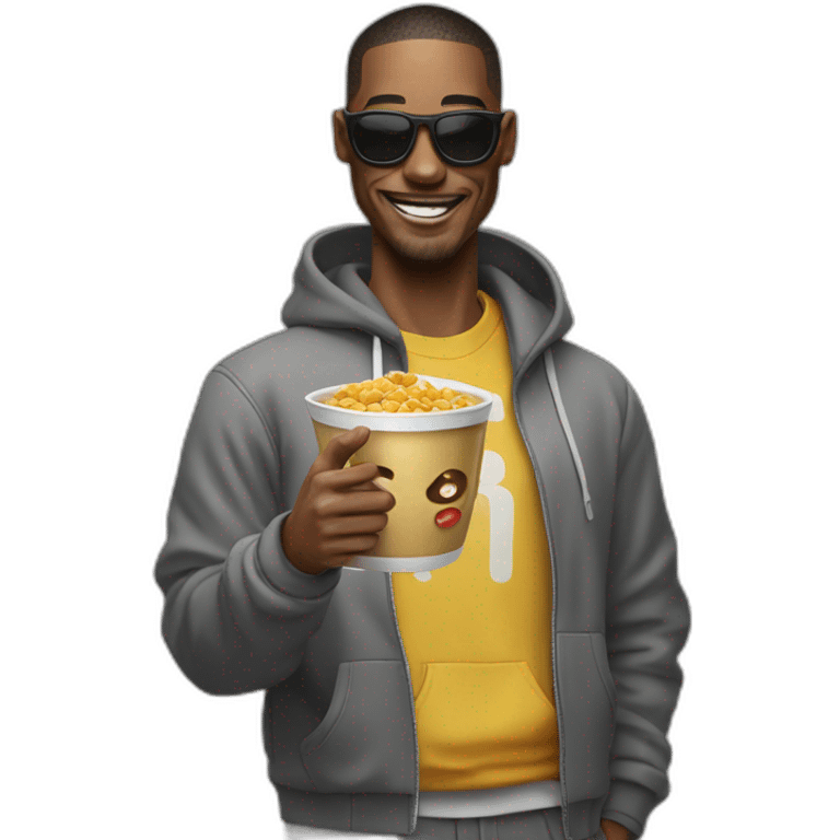 man with a cereal bowl head making a thumbs up in streetwear emoji