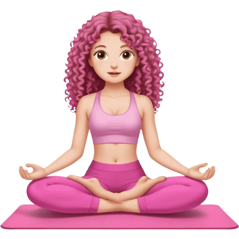 fair skinned, brown eyed, beautiful long haired curly girl, pink clothes, pink pants, sitting on a yoga mat. emoji