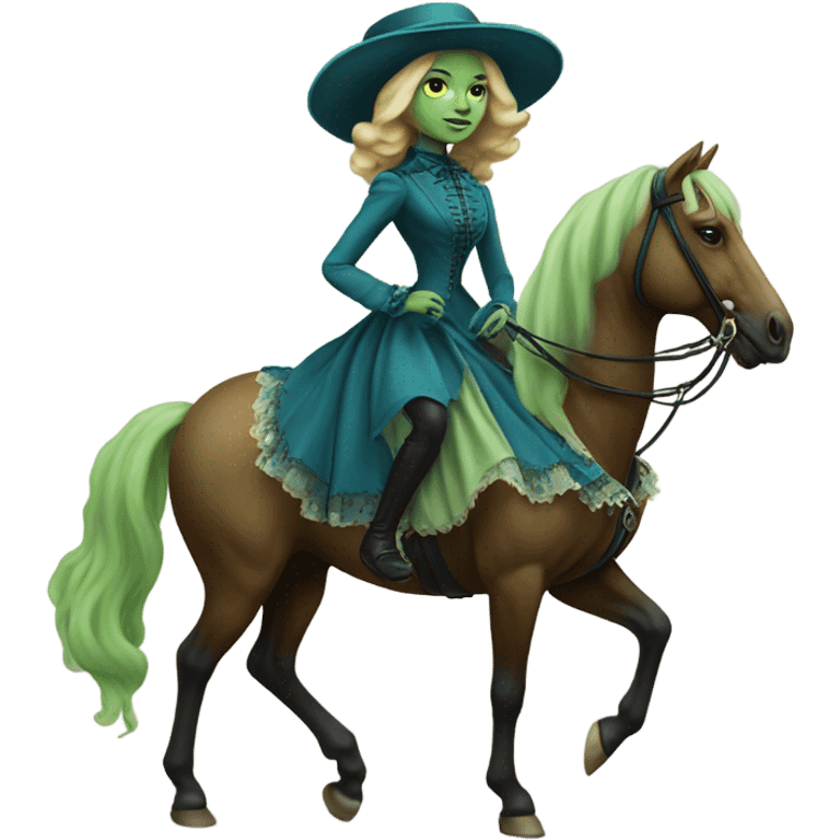 "galora green blonde alien woman" in blue Victorian dress elegant, full body, on brown horse emoji