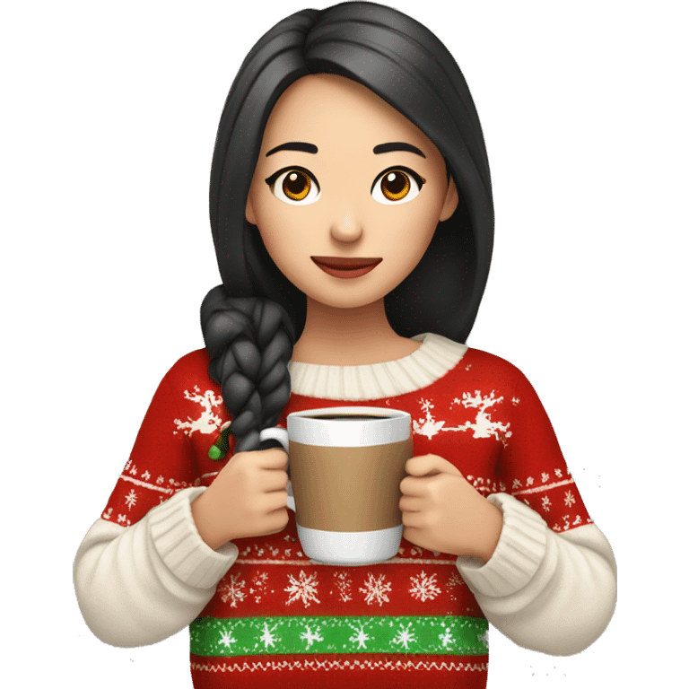 asian girl drinking coffee wearing Christmas sweater emoji