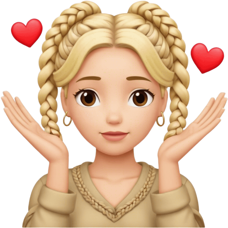 Blond woman with braids with her hands together in a thank you gesture and thinking hearts  emoji