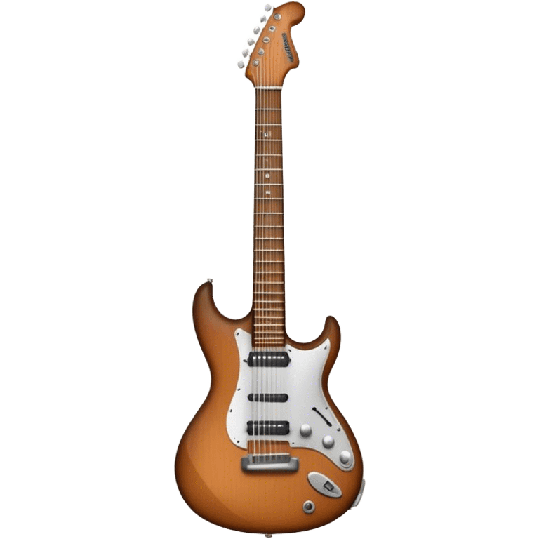 Create a sleek and detailed emoji representing a guitar. The design should feature an electric guitar or acoustic guitar with visible strings and a stylized body. Add subtle elements like musical notes to reflect the instrument's musical role. Use vibrant colors like brown for the body, black for the neck, and silver for the strings. The background should be transparent. emoji