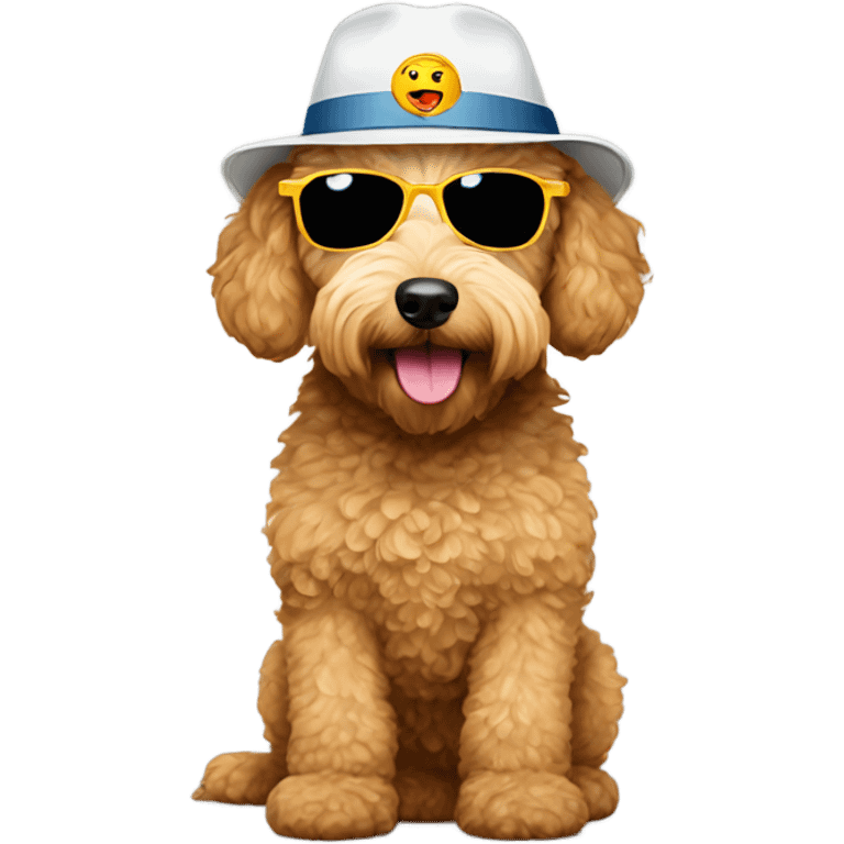 A golden doodle wearing a 2025 hat and glasses emoji