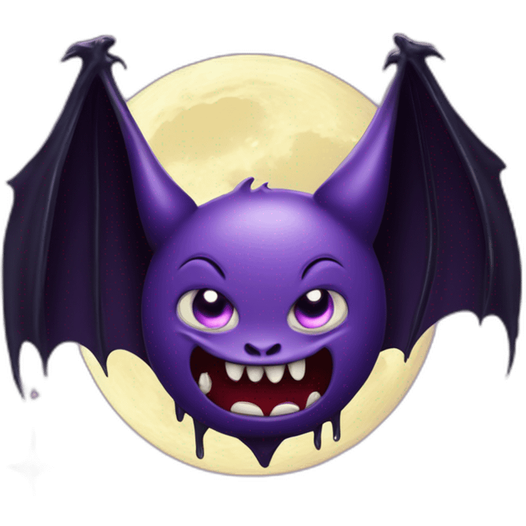 purple and black mad face vampire bat cartoon sparkle eyes wings flying in front of large dripping crescent moon emoji