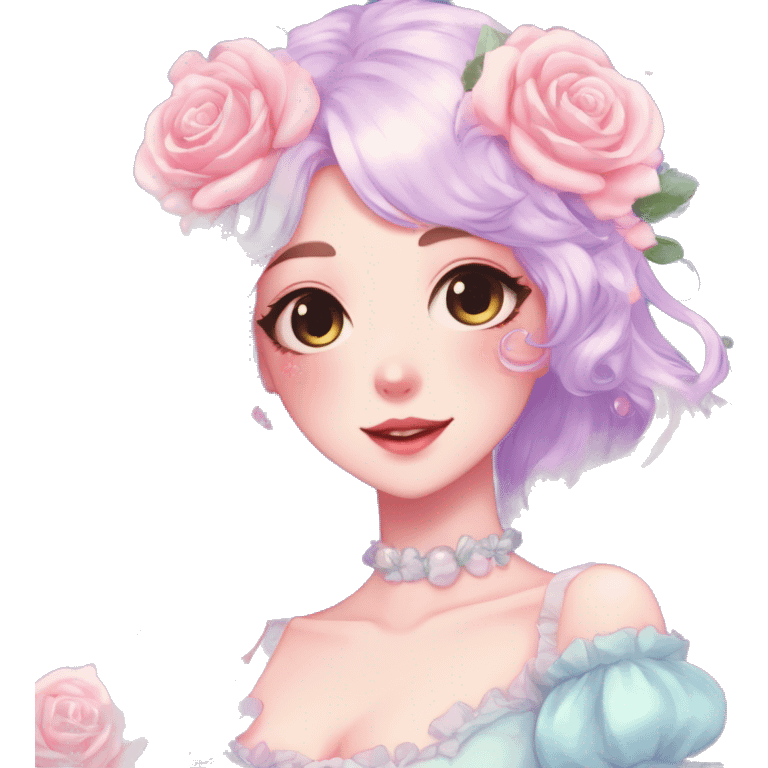 Gorgeous pastel anime style lady with blushing face and roses cottagecore fairycore pastelcore shiny colorful pearly aesthetic trending style emoji