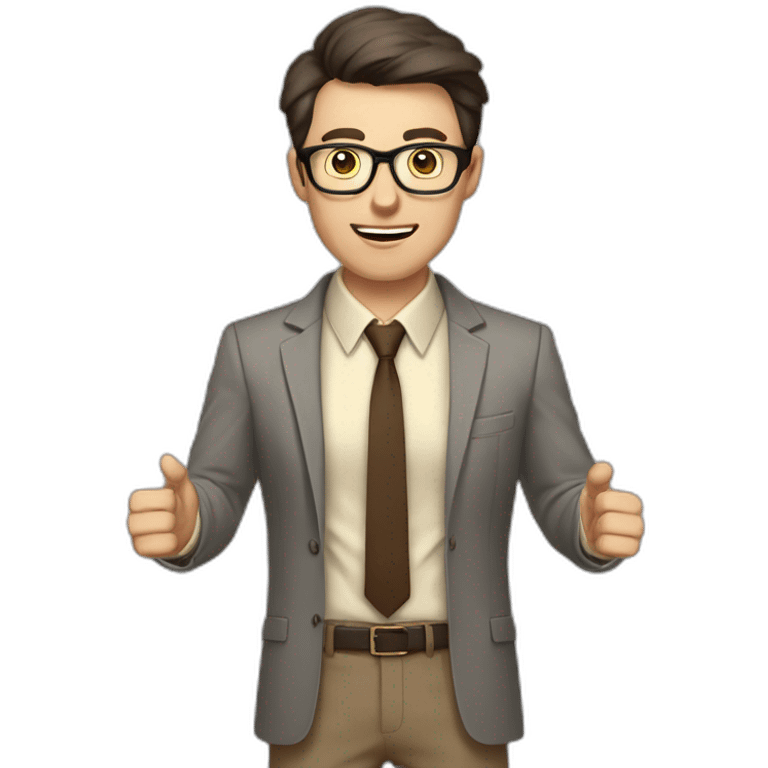 To belt Actively gesturing with hands Pale skinned fit man teacher with dark brown hair in gray jacket, beige office shirt, brown tie, brown pants and vintage glasses. emoji