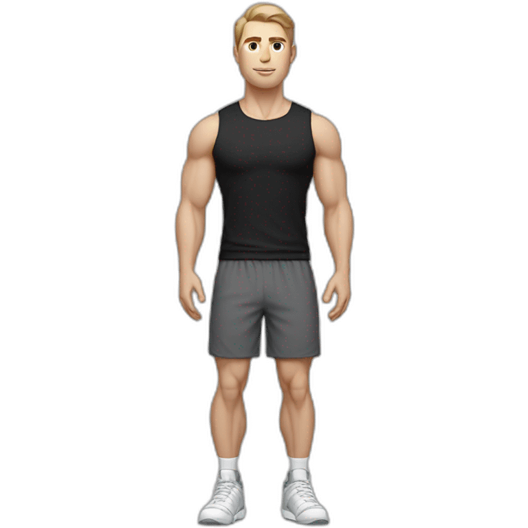 Pale skinned Fit Man With the biceps and dark brown hair in black shirt, gray sports shorts and white Sneakers emoji