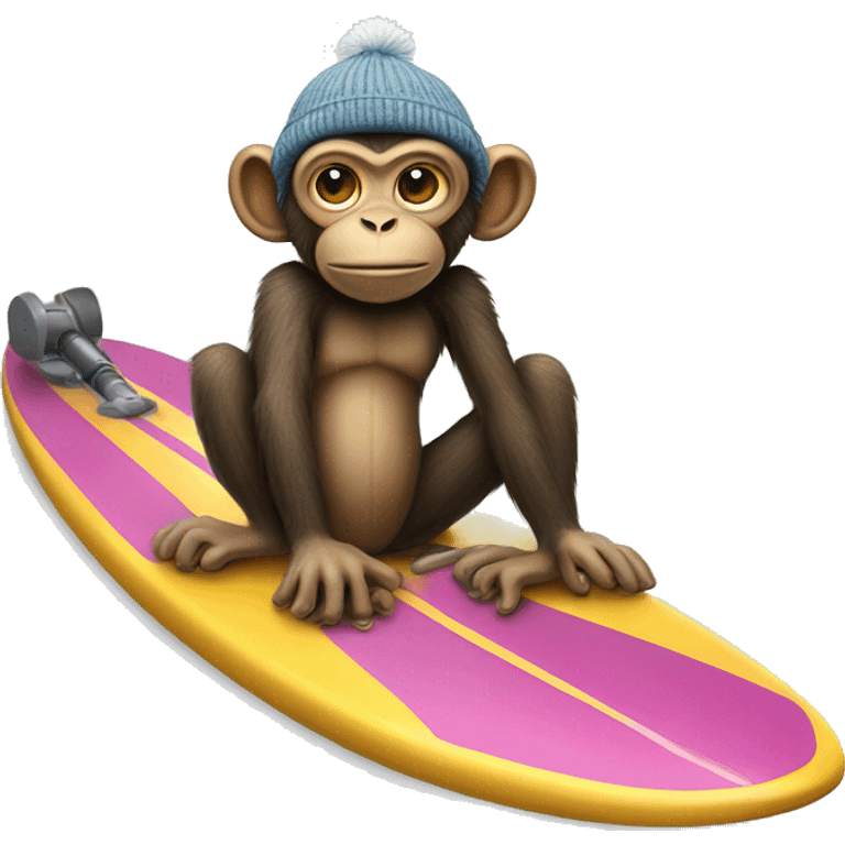 Monkey on a surfboard with a bazooka wearing a beanie emoji