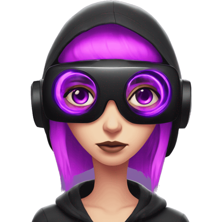 Russian girl wearing black hoody with violet letters "OMG", in vr headset. Cyberpunk style. Violet neon. emoji