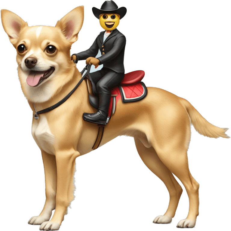 chihuahua riding on top of a golden retriever like a horse jockey  emoji