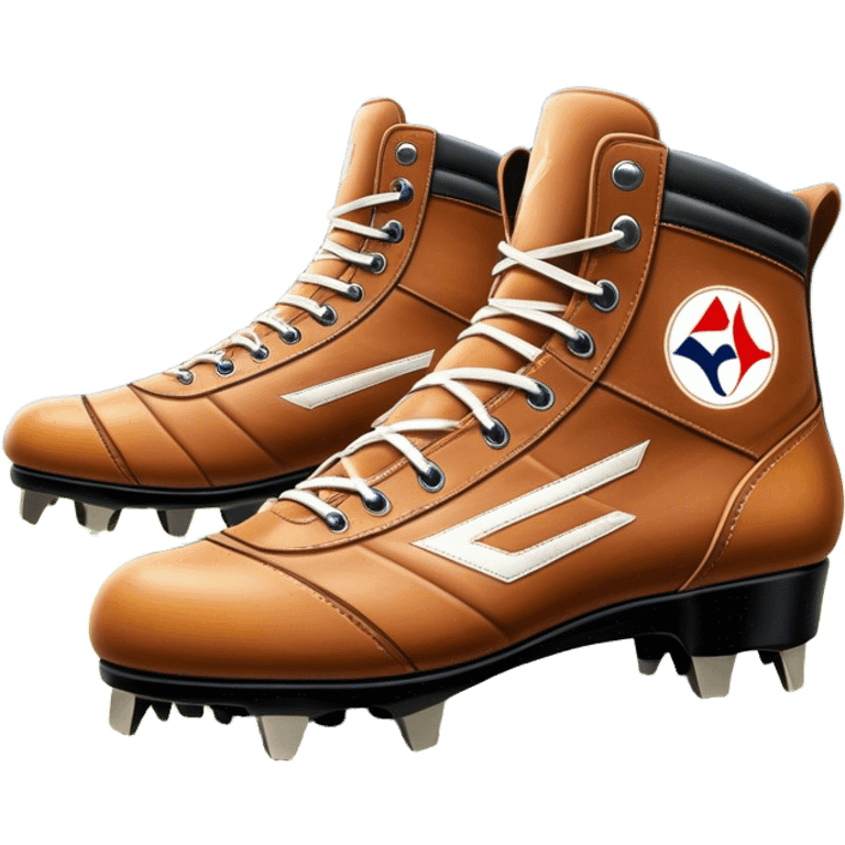 Cinematic Realistic image of a pair of AFL boots, showcasing detailed leather stitching and a rugged sole with fine cleat impressions, captured against a blurred stadium background with high-energy, dynamic lighting emoji