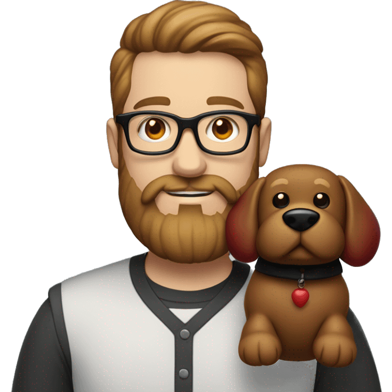 Heavy white young dad, with a big brown beard and black rectangle glasses and brown hair he’s holding a red balloon animal shaped like a dog emoji