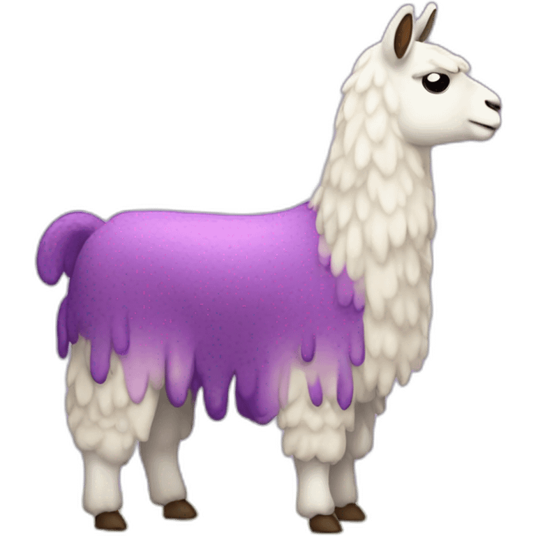 a purple llama with gradient white spots and a yellow carpet on its back is eating a nice cake emoji