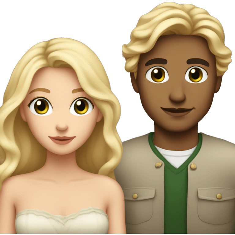 Romantic gaze between Lovers - she is a blondie with long wavy Hair and brown eyes and he is tall, dark haired with green eyes - both have fair skin  emoji