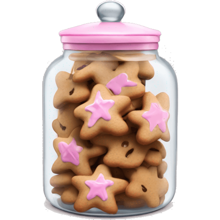 Realistic glass cookie jar with light pink lid full of gingerbread cookies isolated.  emoji