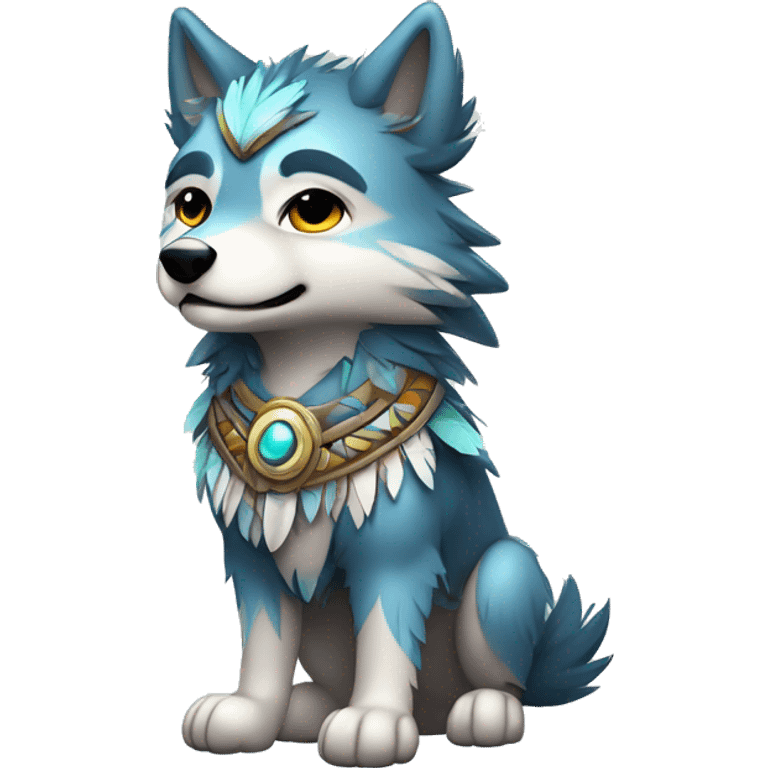 Fluffy Shy Chibi Spiritual Shamanic Wolf With Shiny Tribal Markings wearing feathers Full Body emoji