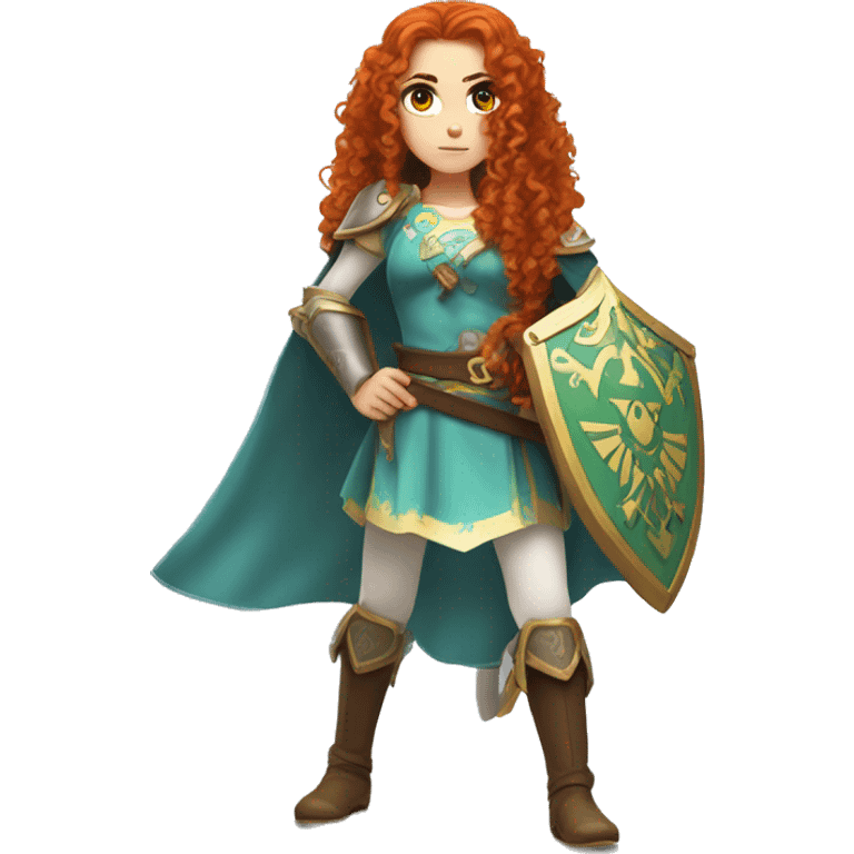 a white girl with long red curly hair and freckles, cosplaying Princess Zelda posing and ready for a fight emoji