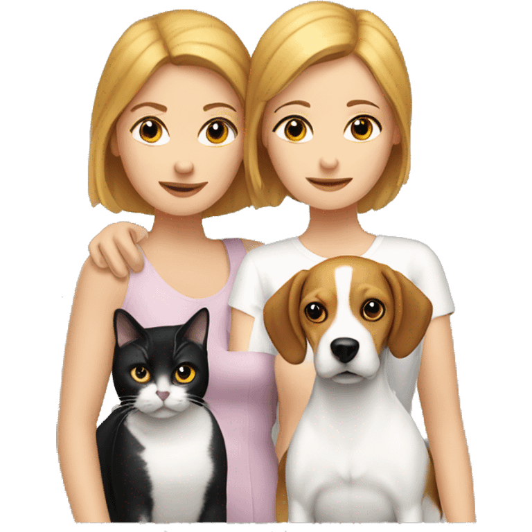 two white women couple, one beagle dog, three cats emoji