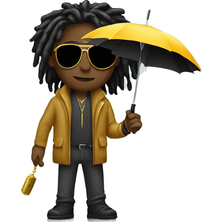 Black male with dreadlocks wearing gold sunglasses holding an umbrella for the rain but instead of rain its money  emoji