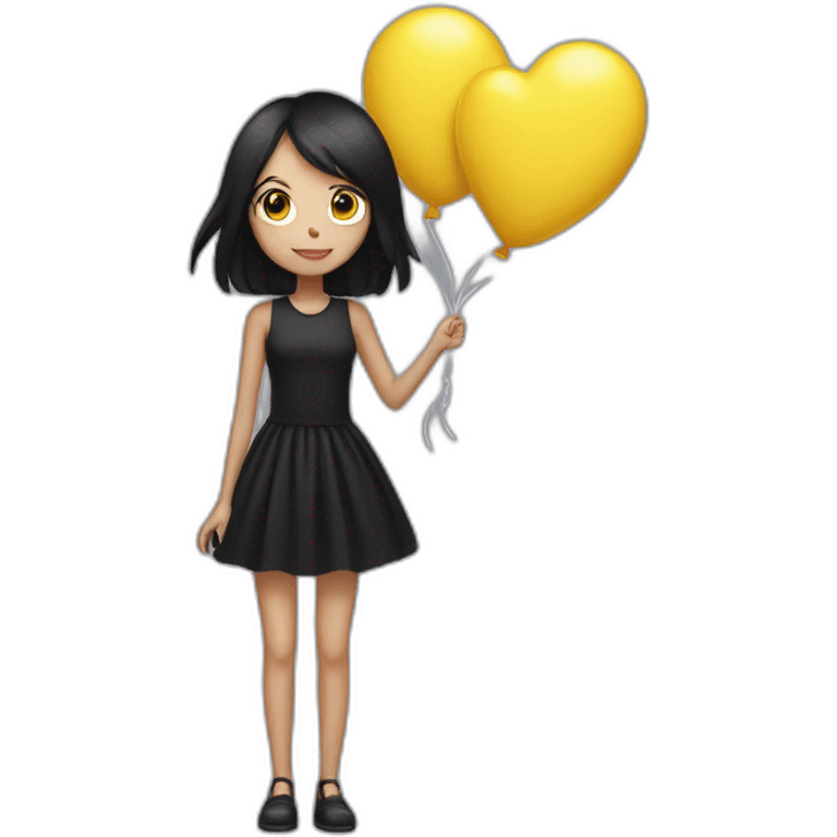 a thin girl with black straight hair, black dressed in a short dress, holds in her hands balloons in the shape of black and yellow hearts emoji