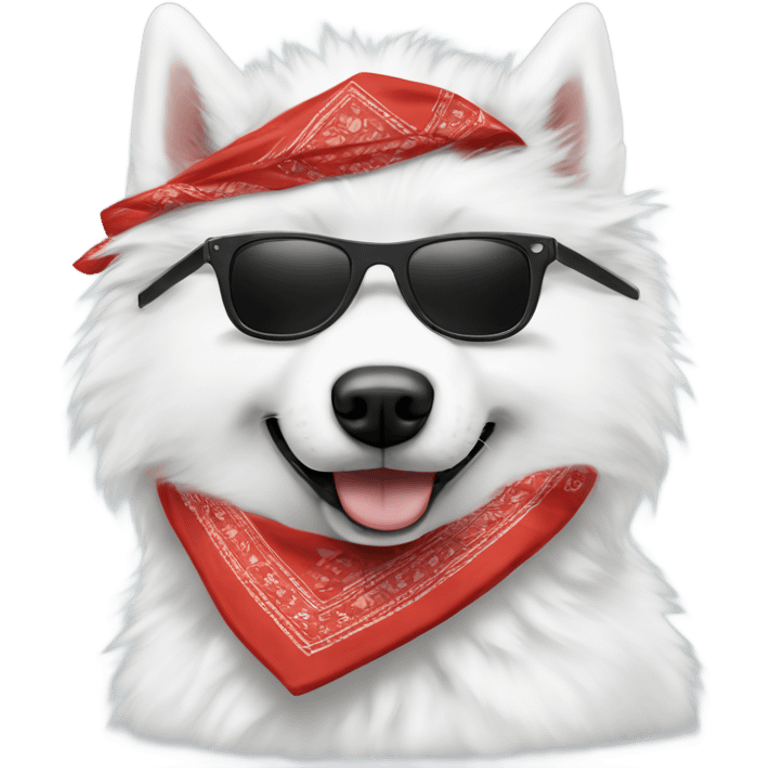 Samoyed wearing a bandana with sunglasses and a cigarette emoji