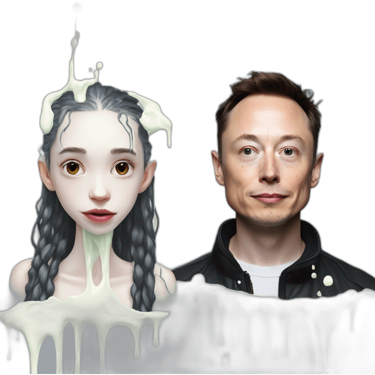 Grimes with white milk slime on face, elon musk smirking, duo emoji