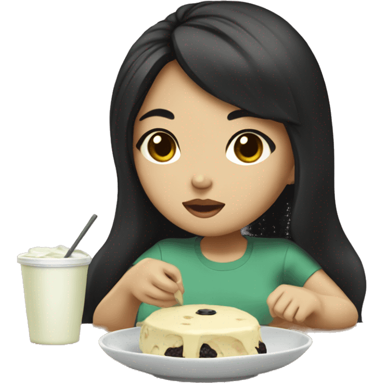 Korean Girl With Black Hair Eating Scone With Green Tea Cream emoji