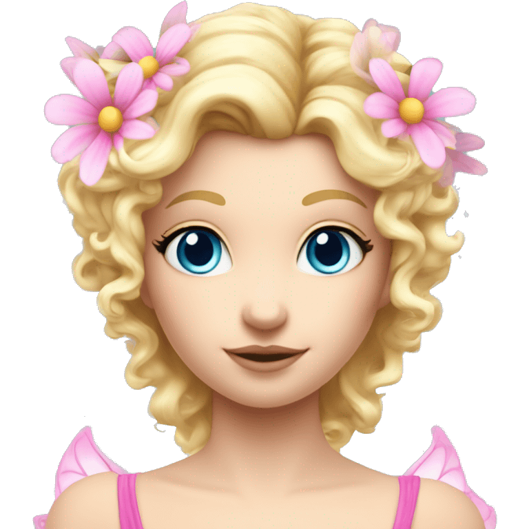 Fairy, a blonde hair with blue eyes and a pink dress with sparkly wings. Flowers. White wings. The fairy has long, curly hair with a lot of volume emoji