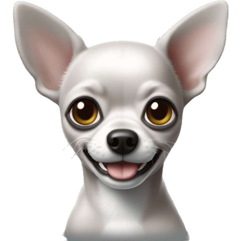 Emoji de un erro chihuahua sonriedo color gris con orejas un poco grnde emoji