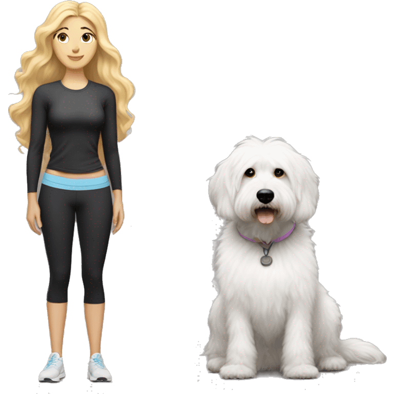 white woman with long blonde hair and cat shaped eyes wearing a yoga outfit standing alongside a black and white colored bernadoodle dog emoji