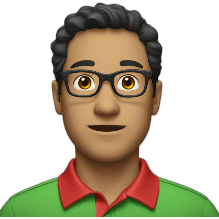 Man with black hair and glasses wearing green polo shirt with red color collar of the shirt emoji