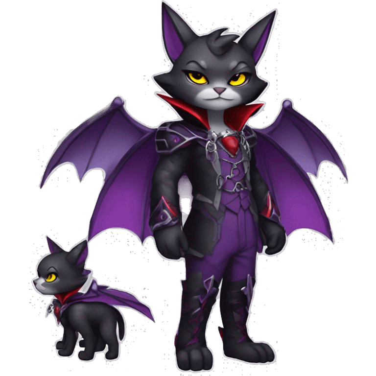 Anthro-Cute-Edgy-Cool-Vampiric-Batty-Cat-Black-Purple-Red-Grey-White-Yellow-Contrast-Colors-Fantasy-Fur-Sona-Chibi-Shiny-Fakémon-Hybrid with horns and big fangs and collar full body emoji